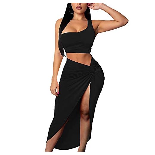 BEAGIMEG Women's Sexy One Shoulder Long Bodycon Slit Skirt 2 Pieces Dress Black