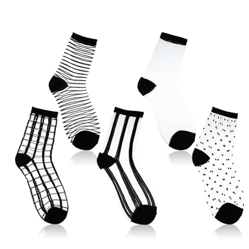 5 Pairs Sheer Socks, Black Mesh Ankle Socks, Ultra-Thin See Through Socks, Checkered Dot Striped Plaid Ankle, Thin Fishnet See Through Socks, Summer Casual Crew Socks