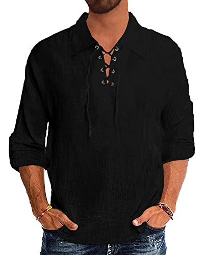YAOBAOLE Chemise Homme Decontracte Chemise Homme Manche Longue Eté Vintage Médiévale Henley Shirt Hommes Noir XL