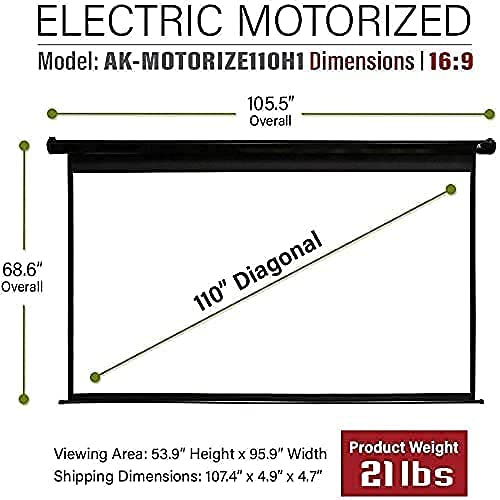 Akia Screens 110 Inch Motorized Electric Remote Controlled Drop Down Projector Screen 16:9 8K 4K Hd 3D Retractable Ceiling Wall Mount Black Ak-Motorize110H1 With 10 Inch L-Bracket Black Ak-Zlb #TOP2