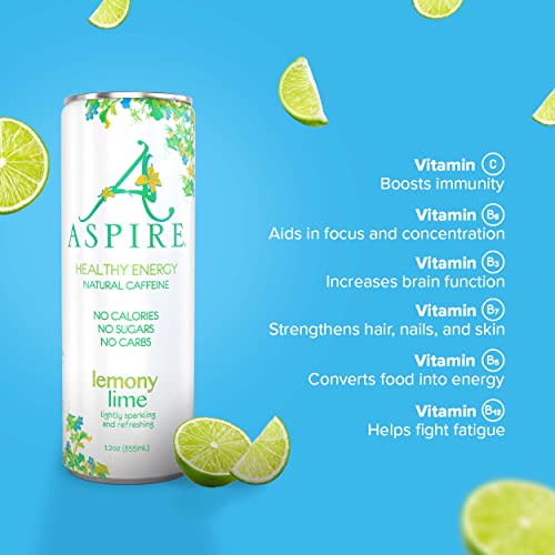 Aspire Healthy Energy Drinks, Lemony Lime, Sugar Free, Sparkling Energy Drink, With 80Mg Natural Caffeine Beverage, Essential Vitamins, Keto Drink, Vegan, Kosher, Gluten-Free, 12Oz Can (12 Pack) #TOP3
