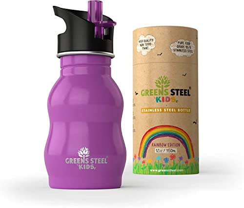 Botella de Acero Inoxidable para Niños - 350ml, Púrpura I Tapa Mejorada Contra Fugas con Pajita y Asa I Botella de Agua para Niños Sorbe Fácil I Botella de Bebida I Ideal para Lonchera o Regalo Cover