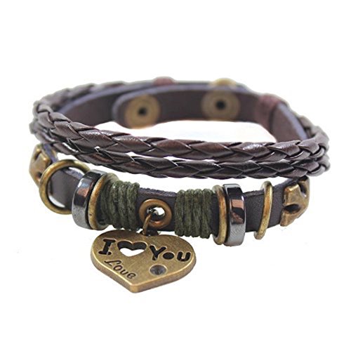 Valentines Beautiful Dark Brown Leather Heart"I Love You" Vintage Style Snap Button Bracelet Comes with Free Gift