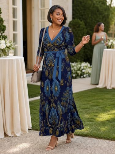 Image of SUZONANA Plus Size Dresses for Women Floral Print Maxi Dress Flowy 3 /4 Sleeve with Belt