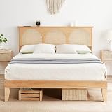 IDEALHOUSE Queen Size Rattan Bed Frame with LED Lights, Wooden Platform Bed Frame with Boho Style Natural Rattan Headboard and Storage, No Box Spring Needed, Under Bed Storage, Easy Assembly