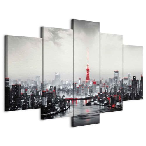 murando - Acoustic Canvas Wall Art Tokio City 200x100 cm 5 pieces - Picture With Acoustic Foam Sound Absorption Print Image Artwork Room Acoustic Soundproofing Modern Art AI Harbour Fog d-H-10017-b-c
