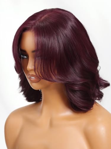 Image of Beauty Forever Glueless Bob Wig Human Hair Body Wave Black Cherry HD Lace Bob Drawstring Wig with Face Framing Bangs 150% Density 14 Inches Pre Plucked Pre Cut Bye Bye Knots Ready to Go Blow Out Wig