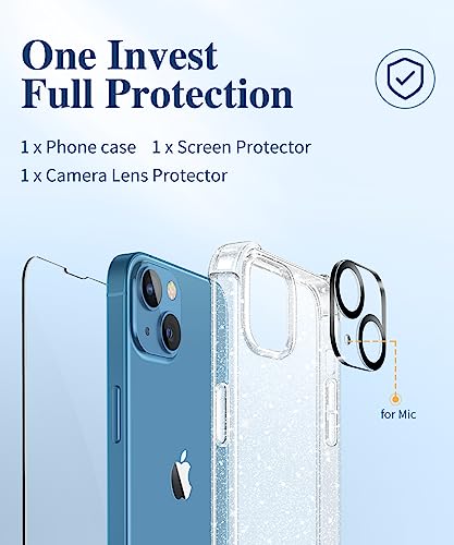 Gviewin Designed For Iphone 13 Case 6.1 Inch, With Tempered Glass Screen Protector + Camera Lens Protector Clear Glitter Sparkle Non-Yellowing Soft & Flexible Shockproof Women Phone Cover (Glitter) #TOP6