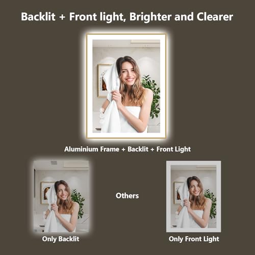 Image of 24x30 LED Bathroom Mirror with Lights, Gold Framed Lighted Mirror | Backlit and Front light, Anti-Fog, 3 Color Dimmable, Memory, Tempered Glass, IP54 Waterproof, UL Listed