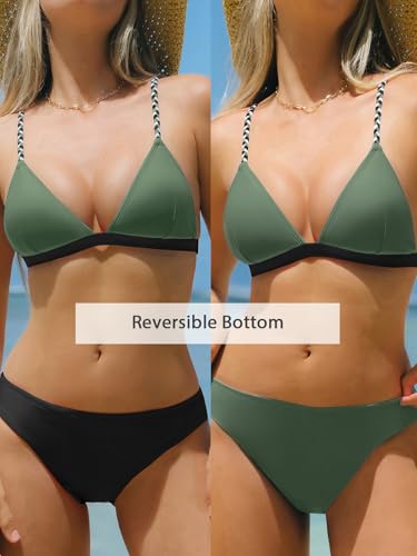 CUPSHE Women's Bikini Set Cute Two Piece Swimsuits V Neck Color Block Bathing Suit Reversible Bottom Braided Straps3