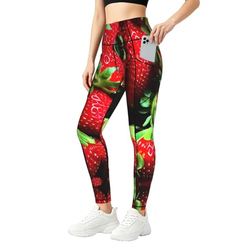 Leggings con estampado de fresas anti-transparencias pantalones de entrenamiento con bolsillos