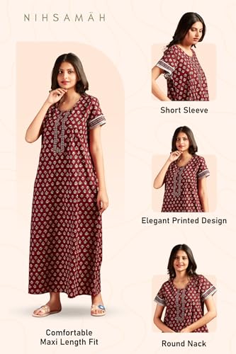 Image of NIHSAMAH Cotton Nighty for Women with Pocket, Premium Printed Long Nighty | Comfortable & Fancy Sleepwear /Nightwear
