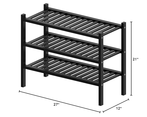 3 Tier (Thick) Bamboo Shoe Rack for Entryway, Small Wood Shoe Shelf Storage Organizer for Closet, Shoe Stand for Hallway, Stackable and Sturdy 27"x12"x21" Black