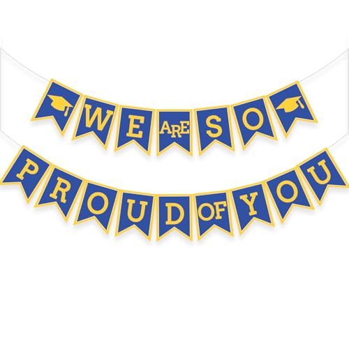 Image of Blue Yellow We Are So Proud Of You Banner Congrats Grad Cap Bunting Flag Grad Party Decoration Idea