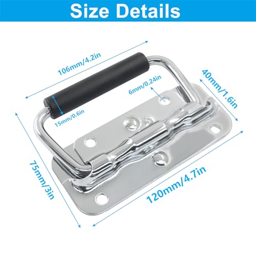 Image of Spring Loaded Handle, 120mm / 4.7 Inch Heavy Duty Folding Handle with Durable Rubber Grip for Toolboxes, Cabinets, Easy to Install, 2Pcs