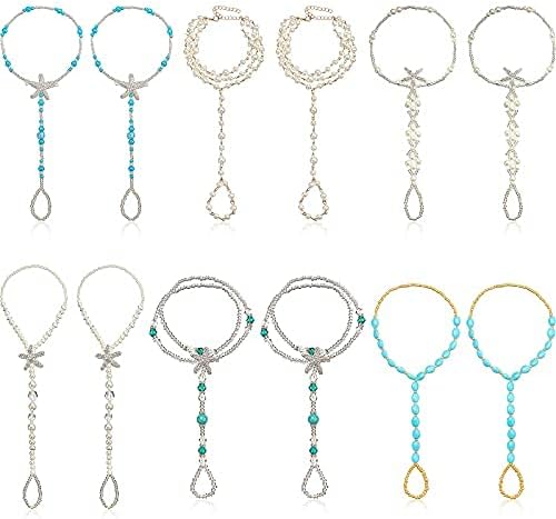 Hicarer 6 Pairs Feet Jewelry Barefoot Sandals Toe Rings Foot Chains Starfish Faux Pearls Elastic Beaded Turquoise Anklet Chains Jewelry with Rhinestone Ring for Women Girls Wedding Beach Wearing