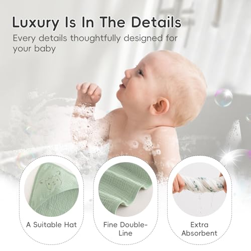 Image of PHF 100% Muslin Cotton Baby Hooded Towels, 2 Pack Bath Towel with Hood for Newborn, Infant, Toddler, Ultra Soft and Absorbent Baby Bath Essentials, Shower Gifts for Boys Girls, 32x32Inch, Leaf