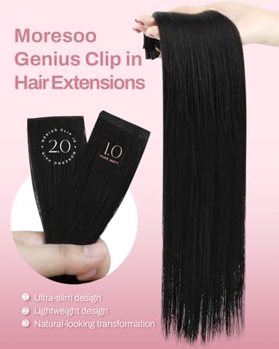 Image of Moresoo Clip in Hair Extensions Human Hair, Seamless Genius Weft, 22inch | Clip in hair extensions, natural black, 130g 7pcs, for weddings and events, long natural blend for soft romantic styling