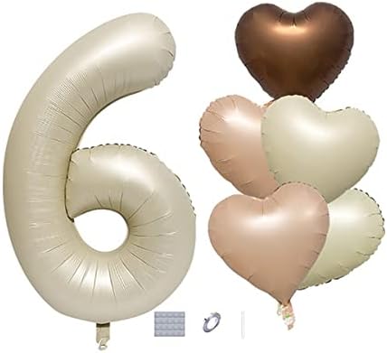 DUXUANT 6th Party Decorations Cream White Number 6 Foil Balloon, Caramel Chocolate brown Love Heart Balloons Decoration for Kids 6th Birthday Anniversary Wedding Decorations