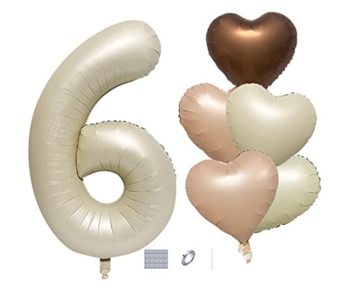 Duxuant 6Th Party Decorations Cream White Number 6 Foil Balloon, Caramel Chocolate Brown Love Heart Balloons Decoration For Kids 6Th Birthday Anniversary Wedding Decorations #TOP3