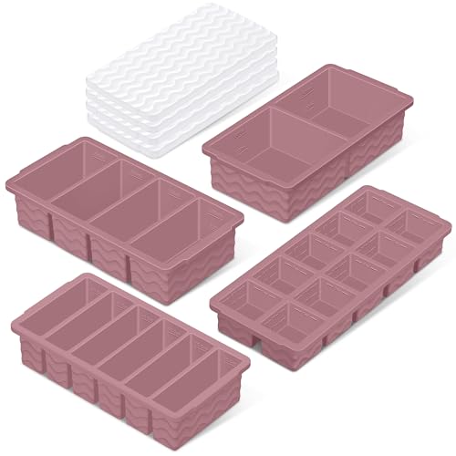 Silicone Freezer Trays with Lid (4-Pack), 1-Cup, 2-Cup, 1/2-Cup & 2-Tbsp Silicone Freezer Molds, Stackable Soup Freezer Meal Prep Containers,Ice Cube Tray for Making Sauce,Smoothies,Yogurt Bites
