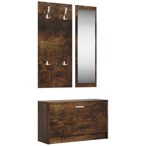 GeenYuu Juego de muebles de pasillo de madera de roble ahumado con zapatero, perchero y espejo para pasillo, pasillo y entrada, espacio de almacenamiento con compartimento y perchero