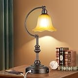 RORIA Touch Farmhouse Table Lamp for Living Room, 3-Way Dimmable Rustic Nightstand Lamp with USB A+C Ports, Vintage Lamp for Bedroom End Table with Amber Glass Shade, LED Bulb Included (Bronze)