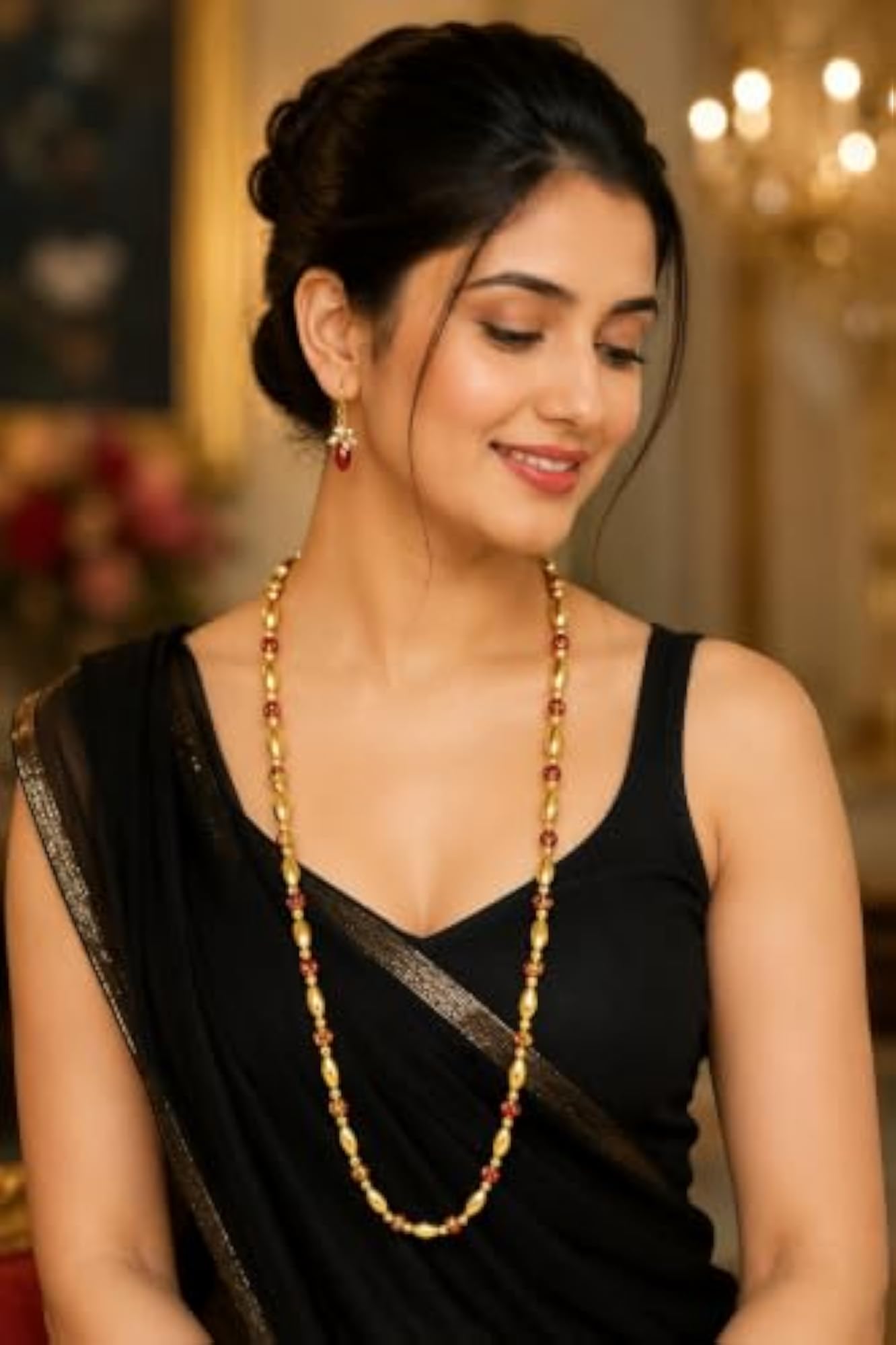 Elegant Gold-Tone Beaded Mala Necklace Set with Matching Drop Earrings