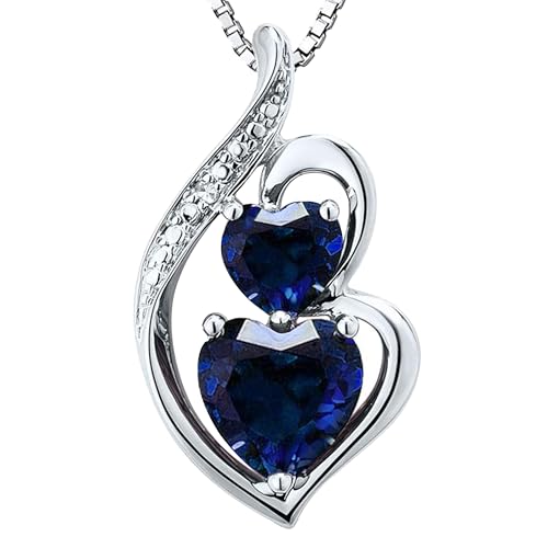 Lab Created Blue Sapphire Heart Necklace Diamond Accent in Sterling Silver or 14kt Yellow Gold Plated Silver - 18 Inch Chain