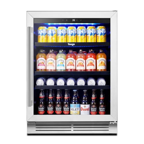 Yeego Beverage Refrigerator & Drink Fridge - 24 inch 180 Cans Beer Cooler Glass Door, 34-54℉ Under Counter Refrigerator Built-in for Drink Soda Wine for Bar Office Bedroom