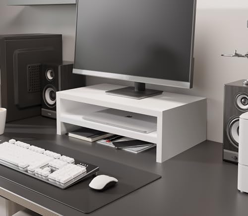 ComfortCove 2-Tier Monitor Riser, Laptop & Printer Stand with Storage Shelf, Ideal for Home Office White - Image 4