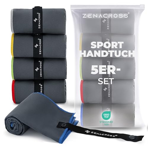 ZENACROSS Sporthandtuch Mikrofaser 5er-Set 40 x 77 cm Fitness Handtuch für Gym Wandern Reisen - Schnell Trocknend Leicht & Saugfähig - Grau