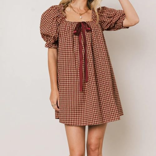 Image of Women Y2k Puff Sleeve Babydoll Dresses Square Neck Tie Back Mini Dress Summer Solid Off Shoulder Flowy Sundress