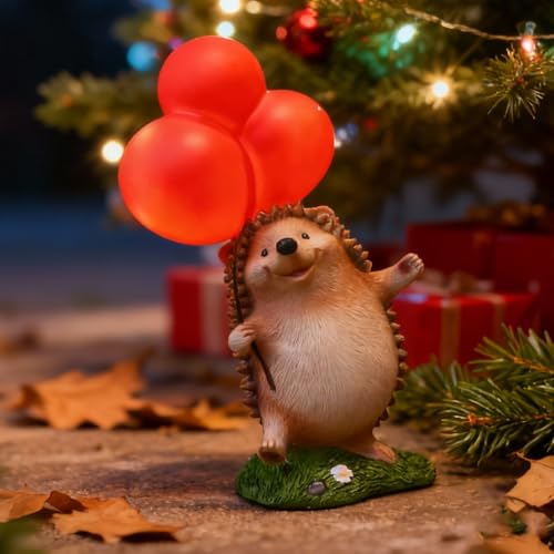 WHIMSYNOOK Hedgehog Figurine with Balloon – Solar LED Garden Statue & Whimsical Gift Décor, 10.4' Resin Cute Animal Light for Porch, Lawn, Yard, Housewarming, or Birthday