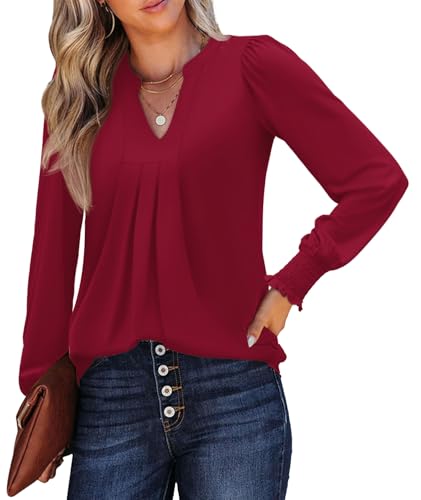 Rapbin T-Shirts Damen Langarm V-Ausschnitt Bluse Plissee Oberteil Rüschenbündchen Elegante Lässige Langarmshirt（Burgunderrot，M）