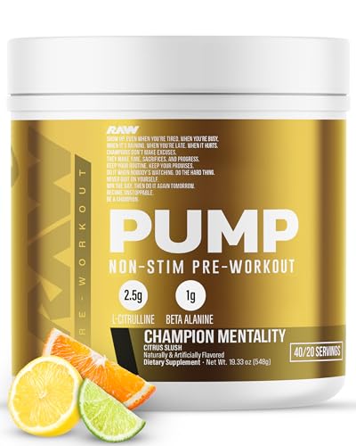 Image of RAW Pump Stim Free Pre Workout (Champion Mentality) - Non-Stimulant Pre Workout Supplement Powder Nitric Oxide Booster - Pre Workout Supplements Drink for During Workout - 40 Servings