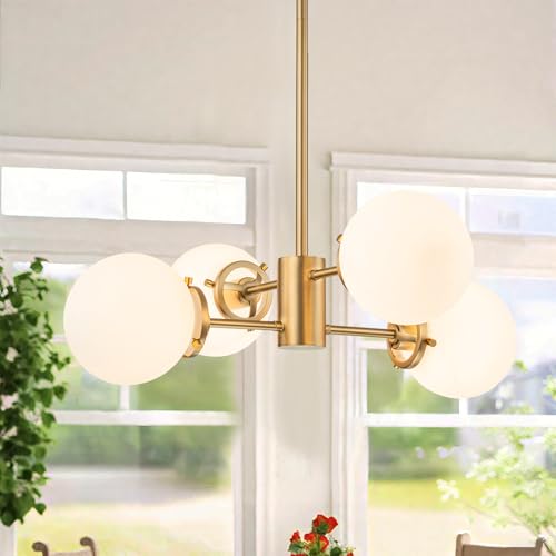 Image of Gold Sputnik Chandelier with Milk Glass Globes, 23.6 inch 4-Light Mid-Century Pendant Light for Dining Room, Living Room,Foyer, Entryway