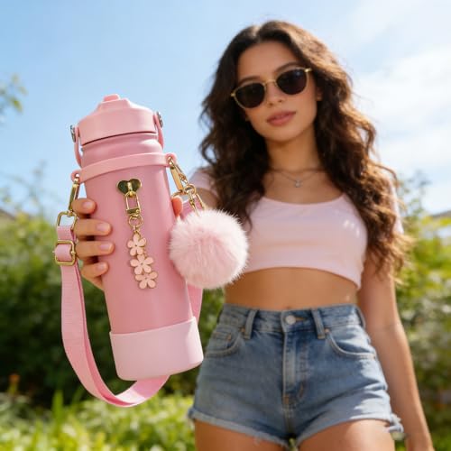 XccMe Insulated Water Bottle Accessories Set,Including Water Bottle Shoulder Strap,Siliocne Boot,Keychain Charms,for12,14,16,18,22,24 oz,for Hydro Flask,IRON &deg;FLASK,ThermoFlask,CIVAGO(Light Pink)
