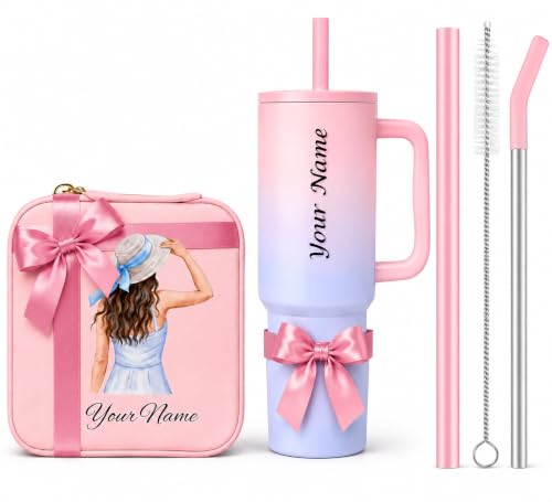 Image of WEZOSHINET Zephorus Personalized PU Travel Pouch & 40oz Insulated Tumbler Gift Combo Custom Name Printed Gift Set Makeup Organizer Pouch with Stainless Steel Vacuum Travel Mug Birthday, Anniversary