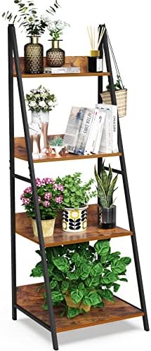 SpringSun 4-Tier Ladder Shelf, Wood Plant Flower Stand Storage Rack Shelf Steel Frame for Office and Home(Brown)