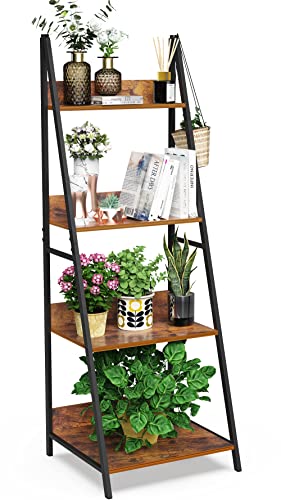 4-Tier Ladder Shelf, Wood Plant Flower Stand Storage Rack Shelf Steel Frame For Office And Home(Brown) #TOP29