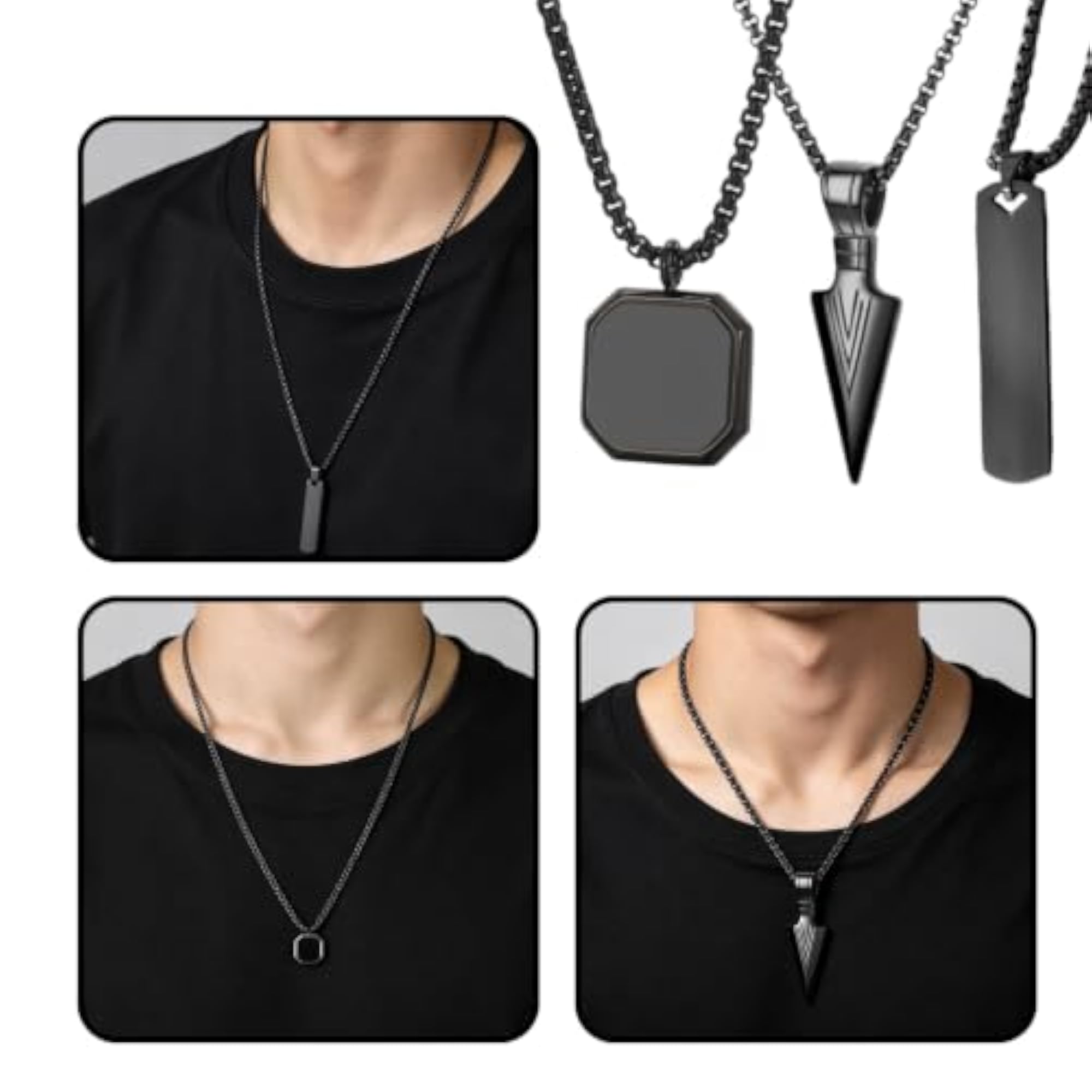 Stylish Black Chain Necklace Set for Men, 3 Piece