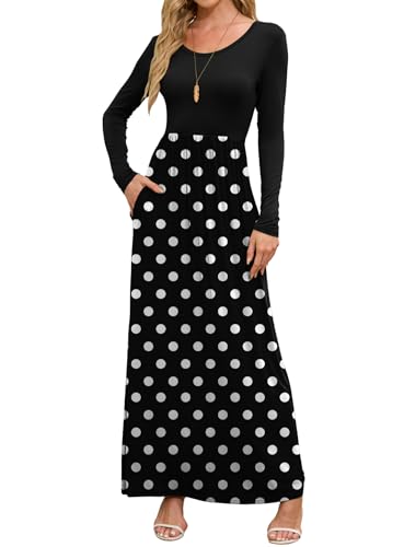 DEARCASE Long Sleeve Maxi Dresses for Women Black Polka Dots