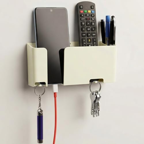 Image of Mobile & Remote Wall Holder | ABS Wall Mount Stand with 3 Compartments for Phone, Remotes & Pens | 2 Key Hooks | No-Drill Mount with Strong Double-Sided Sticker (Milky White)