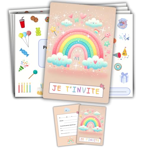 Roxisha - Lote de 10 cartões de convite para aniversário, arco-íris, envelopes para meninas e adolescentes, cartão postal, 10,4 x 14,8 cm, pré-carregados em francês, ideal para festa e lanche de