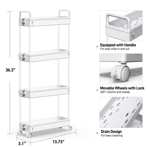 Solejazz Slim Storage Cart, 4 Tier Bathroom Organizer Mobile Shelving Unit, Rolling Utility Cart Slide Out Organizer For Kitchen, Bathroom, Laundry, Narrow Places, White #TOP1