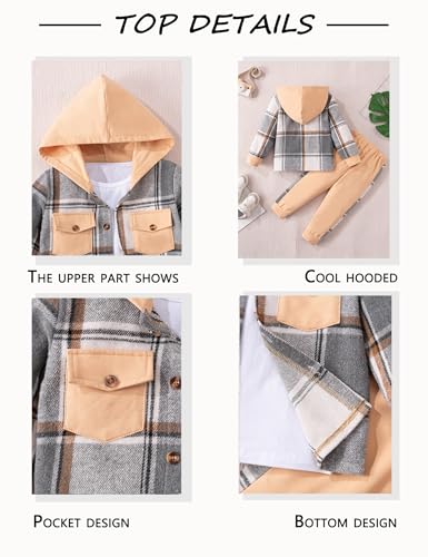 Image of Toddler Boy Clothes Plaid Hooded Shirt White T-shirt Top and Solid Color Pants 3Pcs Winter Boys Clothes
