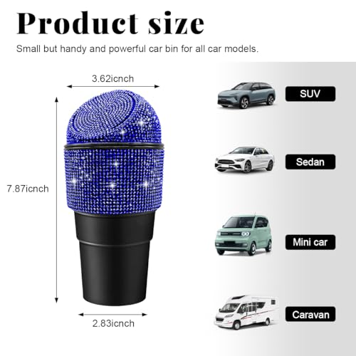 Image of Yourkar Bling Car Trash Can with Lid, Sparkling Crystal Auto Garbage Can with Leak-Proof Lid, Multipurpose Waterproof Trash Bin for Automotive Home Office Kitchen Bedroom (Blue)