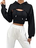 DIDK Damen 2 Stücke Super Crop Hoodie und Camitop Kapuzenpullover Cropped Kapuzensweatshirt mit Top 2-Teiller Sets Schwarz M
