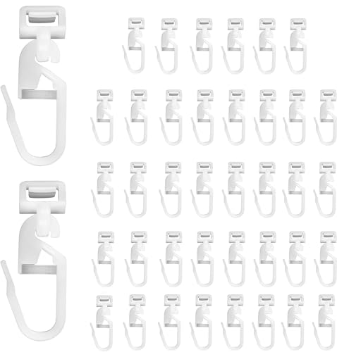Yuiturt 40Pcs 34mm Curtain Hooks For Track, White Plastic Curtain Rail Track Glider Hooks, Shower Curtain Hooks, PVC Pulley with Opening Hooks Curtain Gliders for Window Door Caravan Curtains